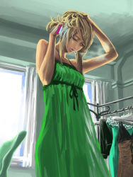 Rule 34 | 1girl, bare shoulders, blonde hair, cellphone, cigarette, clothes rack, dress, eyelashes, green dress, hand in own hair, highres, l.g (greenforce1), lips, lipstick, long hair, makeup, messy hair, nose, one eye closed, original, phone, red eyes, smartphone, smoking, solo, spaghetti strap, talking on phone