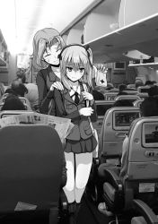 Rule 34 | 2girls, :t, airplane interior, azumi (girls und panzer), bag, boots, carrying, closed eyes, commentary request, cross-laced footwear, dress shirt, frown, girls und panzer, gloom (expression), greyscale, hair ribbon, hand on another&#039;s shoulder, holding, jacket, lace-up boots, long hair, long sleeves, medium hair, military, military uniform, miniskirt, monochrome, multiple girls, necktie, open mouth, parted bangs, photo background, pleated skirt, pout, ribbon, satchel, selection university military uniform, shimada arisu, shirt, side ponytail, skirt, smile, standing, sweatdrop, uniform, wing collar, yaruku