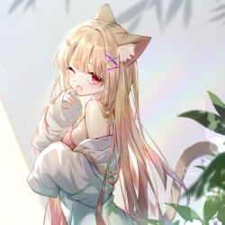 Rule 34 | 1girl, ;o, animal ears, bare shoulders, blonde hair, cat ears, cat girl, cat tail, commission, danby merong, hair ornament, hairclip, hand up, highres, long hair, long sleeves, looking at viewer, looking to the side, nail polish, off shoulder, one eye closed, open mouth, original, pink nails, red eyes, shirt, signature, sleeves past wrists, solo, tail, tail raised, very long hair, white shirt, x hair ornament