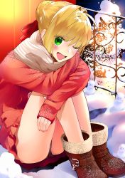Rule 34 | 10s, 1girl, ;d, absurdres, blonde hair, blush, boots, bow, braid, brown footwear, brown panties, commentary request, crossed arms, fate/extra, fate (series), fence, fingernails, green eyes, hair between eyes, hair bow, hair bun, highres, jacket, long sleeves, nero claudius (fate), nero claudius (fate) (all), nero claudius (fate/extra), one eye closed, open mouth, panties, red bow, red jacket, single hair bun, sleeves past wrists, smile, snow, snowman, solo, torimahera, underwear