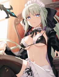 Rule 34 | 1girl, apron, armchair, artoria pendragon (alter swimsuit rider) (fate), artoria pendragon (fate), black bow, black jacket, black ribbon, blue eyes, bow, breasts, chair, choker, closed mouth, cluseller, fate/grand order, fate (series), grey hair, hair between eyes, hair bow, highres, jacket, large breasts, legband, long hair, long sleeves, maid, morgan le fay (fate), ribbon, sitting, solo, swimsuit, thighhighs, white apron, white choker, white headwear, window