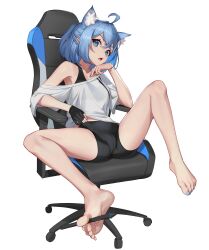 Rule 34 | 1girl, absurdres, ahoge, animal ear fluff, animal ears, barefoot, between toes, bike shorts, black gloves, black shorts, blue eyes, blue hair, blue nails, bra strap, breasts, bright pupils, cat ears, cat girl, chair, crossed bangs, fang, feet, fingernails, foot focus, foreshortening, gaming chair, gloves, hair between eyes, head rest, highres, holding with feet, looking at viewer, medium breasts, medium hair, nail polish, off shoulder, open mouth, original, partially fingerless gloves, pjman, shirt, shorts, simple background, single glove, sitting, skin fang, soles, solo, spread legs, stylus, swivel chair, tail, toenail polish, toenails, toes, white background, white pupils, white shirt