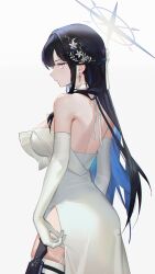 Rule 34 | 1girl, back, bare shoulders, black hair, blue archive, blue eyes, blue hair, blue halo, braid, breasts, choker, colored inner hair, dress, earrings, elbow gloves, evening gown, garter straps, gloves, halo, highres, jewelry, knife sheath, large breasts, long hair, looking at viewer, multicolored hair, o0oherb, official alternate costume, saori (blue archive), saori (dress) (blue archive), sheath, side slit, sidelocks, simple background, solo, strapless, strapless dress, thigh sheath, white background, white choker, white dress, white gloves