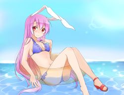 Rule 34 | 1girl, animal ears, bare shoulders, bikini, blush, breasts, cleavage, day, hand on own chest, highres, light purple hair, light smile, long hair, looking at viewer, navel, purple bikini, rabbit ears, red eyes, reisen udongein inaba, sky, small breasts, solo, swimsuit, touhou, very long hair, water, yukina (masyumaro610)