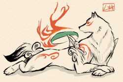 Rule 34 | amaterasu (ookami), animal, beige background, black eyes, bodypaint, closed mouth, fine art parody, fire, floating, floating object, full body, looking back, lying, no humans, on stomach, ookami (game), parody, simple background, solo, sumi-e, wolf
