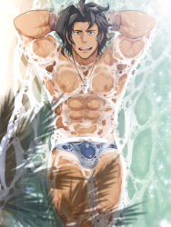 Rule 34 | 1boy, abs, absurdres, arms behind head, bara, bare pectorals, beach, black hair, blue male swimwear, blue swim briefs, dark-skinned male, dark skin, dragalia lost, drawstring, from above, highres, jewelry, large pectorals, looking at viewer, lying, male focus, male swimwear, muscular, muscular male, navel, necklace, nipples, nura, on back, partially submerged, pectorals, ranzal (dragalia lost), sand, short hair, smile, solo, stomach, swim briefs, swimsuit, thick thighs, thighs, water