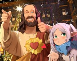 1boy 1girl ;d absurdres beard buddy_christ dogma_(movie) earrings elf facial_hair frieren green_eyes grin heart highres jesus jewelry khyle. long_hair looking_at_viewer messy_hair one_eye_closed open_mouth parted_bangs pointy_ears scarf smile sousou_no_frieren the_bible twintails white_hair