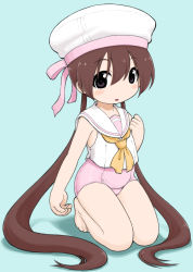 Rule 34 | :o, aqua background, bare arms, bare legs, barefoot, black eyes, brown hair, child, clenched hand, expressionless, flat chest, full body, hair between eyes, hand up, hat, highres, light blush, long hair, looking at viewer, open mouth, sailor collar, seiza, shirt, simple background, sitting, sleeveless, sleeveless shirt, swimsuit, tsukuyomi ai, twintails, very long hair, voiceroid, white sailor collar, white shirt, yunji