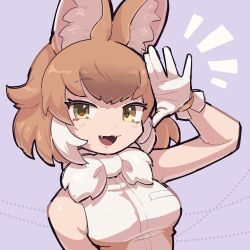 Rule 34 | 1girl, :3, an-chan (ananna0315), animal ears, bare shoulders, blush, bow, bowtie, brown hair, brown shirt, dhole (kemono friends), dog ears, dog girl, fang, gloves, hair between eyes, highres, kemono friends, light brown hair, looking at viewer, multicolored hair, open mouth, salute, shirt, short hair, sidelocks, sleeveless, smile, solo, upper body, waving, white bow, white bowtie, white gloves, white hair, white shirt, yellow eyes