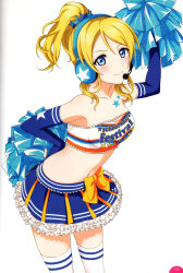 Rule 34 | 10s, 1girl, absurdres, artist request, ayase eli, bare shoulders, blonde hair, blue eyes, blue gloves, blush, breasts, cheerleader, cleavage, elbow gloves, finger to cheek, frilled skirt, frills, gloves, hand on own hip, headset, highres, long hair, looking at viewer, love live!, love live! school idol festival, love live! school idol project, medium breasts, microphone, midriff, non-web source, official art, pom pom (cheerleading), ponytail, ribbon, scan, skirt, smile, solo, star (symbol), strapless, takaramonozu, thighhighs, tube top, white thighhighs, zettai ryouiki