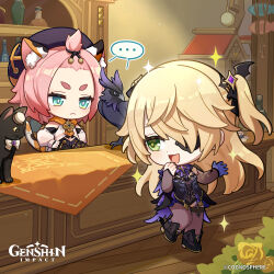 Rule 34 | ..., 2girls, absurdres, animal ear fluff, animal ears, bird, black dress, black footwear, black leotard, black nails, blonde hair, boots, bottle, breasts, bright pupils, cat, cat ears, cat girl, cat tail, chibi, commentary, copyright name, cup, diona (genshin impact), dress, english commentary, eyepatch, fischl (genshin impact), flower, full body, genshin impact, gloves, green eyes, hands on own hips, hands up, hat, high heel boots, high heels, highres, indoors, leotard, light frown, long hair, long sleeves, looking at another, medium hair, multiple girls, nail polish, official art, one eye covered, open mouth, oz (genshin impact), pink hair, puffy long sleeves, puffy sleeves, single glove, small breasts, smile, sparkle, spoken ellipsis, standing, standing on one leg, tail, teacup, thick eyebrows, thighhighs, two side up, v-shaped eyebrows, very long hair, white pupils, wooden floor, yellow flower