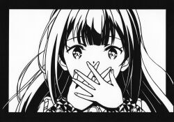 Rule 34 | 1girl, :c, absurdres, black border, border, close-up, covering own mouth, greyscale, highres, idoly pride, long bangs, long hair, long sleeves, looking at viewer, monochrome, moy1124, nagase kotono, open mouth, outside border, own hands together, paper cutout (medium), portrait, raised eyebrows, sidelocks, solo, straight-on, straight hair