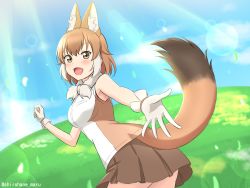Rule 34 | 1girl, :d, absurdres, animal ear fluff, animal ears, bare arms, bare shoulders, blush, brown eyes, brown hair, brown skirt, day, dhole (kemono friends), dog ears, dog tail, extra ears, fur collar, gloves, grass, happy, highres, kemono friends, lens flare, multicolored hair, open mouth, outdoors, outstretched arm, pleated skirt, reaching, reaching towards viewer, shiraha maru, shirt, skirt, sleeveless, sleeveless shirt, smile, solo, sunlight, tail, twitter username, two-tone hair, white gloves, white hair