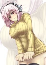 Rule 34 | 1girl, annoyed, blush, breasts, clothes tug, deni m, headphones, highres, large breasts, long hair, long sleeves, looking at viewer, nitroplus, panties, pink hair, red eyes, ribbed sweater, solo, super sonico, sweater, sweater tug, thighhighs, turtleneck, underwear, zoom layer