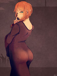 Rule 34 | 1girl, ass, at2., back, black dress, blush, braid, dress, green eyes, highres, long hair, looking at viewer, looking back, minecraft, orange hair, smile, solo, villager (minecraft)