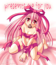 Rule 34 | 1girl, barefoot, bdsm, blush, bondage, bound, bound arms, breasts, candy, chocolate, chocolate heart, english text, food, heart, long hair, looking at viewer, maki (seventh heaven maxion), mouth hold, naked ribbon, pink hair, red eyes, ribbon, solo, valentine, watermark, web address