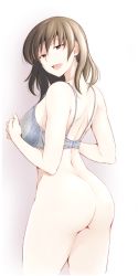 Rule 34 | 1girl, amagami, ass, black eyes, black hair, blush, bottomless, bra, breasts, curvy, gradient background, hands on own chest, highres, lace, large breasts, lingerie, long hair, looking at viewer, no panties, open mouth, sasaki akira (ugc), simple background, smile, solo, tsukahara hibiki, underwear, underwear only