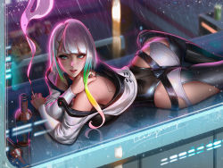 Rule 34 | 1girl, ass, asymmetrical hair, belt, cigarette, cyberpunk (series), cyberpunk edgerunners, cyborg, eyeliner, grey hair, holding, holding cigarette, liang xing, looking at viewer, lucy (cyberpunk), lying, multicolored hair, off-shoulder jacket, off shoulder, on stomach, rain, red eyeliner, smile, solo, window