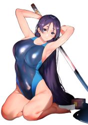 Rule 34 | 1girl, armpits, arms up, barefoot, blush, breasts, competition swimsuit, covered navel, fate/grand order, fate (series), holding, holding sword, holding weapon, jagayamatarawo, large breasts, long hair, looking at viewer, low-tied long hair, low tied hair, minamoto no raikou (fate), one-piece swimsuit, parted bangs, purple eyes, purple hair, sheath, sheathed, smile, solo, swimsuit, sword, very long hair, weapon, white background