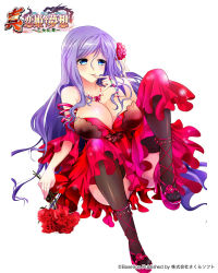 Rule 34 | 1girl, :p, bare shoulders, black thighhighs, blue eyes, breasts, cleavage, copyright name, detached sleeves, dress, finger to mouth, flower, hand to own mouth, high heels, highres, jewelry, kapimaru, koihime musou, kouchuu, large breasts, leg lift, legs up, long hair, naughty face, necklace, purple hair, red dress, red footwear, shoes, simple background, sitting, smile, solo, strapless, strapless dress, thighhighs, tongue, tongue out, very long hair, white background