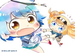 Rule 34 | 2girls, aqua neckwear, aqua skirt, black ribbon, blonde hair, blue eyes, blue hair, blue sailor collar, blue shirt, breast pocket, breasts, collared shirt, commentary request, crying, crying with eyes open, dated, dixie cup hat, double bun, dragging, gambier bay (kancolle), gloves, hair bun, hairband, hat, hat ribbon, hinata yuu, kantai collection, large breasts, long sleeves, military hat, miniskirt, multicolored clothes, multiple girls, neckerchief, one-hour drawing challenge, open mouth, pleated skirt, pocket, ribbon, sailor collar, samuel b. roberts (kancolle), school uniform, serafuku, shirt, short hair, short sleeves, shorts, skirt, sleeve cuffs, tears, thighhighs, twintails, white hat, white legwear, white shirt, yellow eyes
