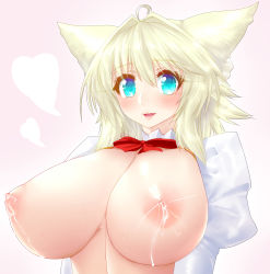 Rule 34 | 1girl, absurdres, ahoge, animal ears, blonde hair, blue eyes, blush, bow, bowtie, breasts, breasts out, cleavage, fang, heart, highres, huge breasts, lactation, looking at viewer, minarai tenna, monster girl, narulala, nipples, original, parted lips, pink background, puffy nipples, sidelocks, solo, sweat