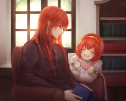 Rule 34 | 1boy, 1girl, :d, armchair, awning, bad id, bad pixiv id, black coat, book, hugging book, bookshelf, brother and sister, chair, coat, dress, closed eyes, eyes visible through hair, fire emblem, fire emblem: mystery of the emblem, hairband, headband, holding, holding book, indoors, long hair, long sleeves, looking at another, maria (fire emblem), misheil (fire emblem), nintendo, hugging object, open book, open mouth, potiko (3110), red eyes, red hair, short hair, siblings, sitting, smile, teeth, tree, upper body, white dress, window