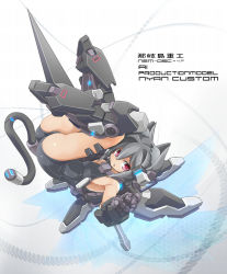 Rule 34 | 1girl, alternate color, animal ears, ass, bare legs, black hair, black one-piece swimsuit, cat ears, densou tenshi valforce, gauntlets, hair intakes, hairpods, huge weapon, kannagi ai, karukan (monjya), kemonomimi mode, lance, mechanical tail, no legwear, one-piece swimsuit, polearm, red eyes, short hair, solo, swimsuit, tail, thrusters, upside-down, weapon