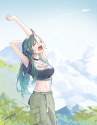 Rule 34 | 1girl, ^ ^, aircraft, airplane, alternate costume, arknights, armpits, arms up, black choker, black shirt, blue sky, breasts, choker, closed eyes, clothes writing, cloud, commentary request, cowboy shot, crop top, day, female focus, green hair, green pants, highres, horns, hoshiguma (arknights), large breasts, long hair, midriff, mountain, navel, open mouth, pants, scoop404, shirt, single horn, sky, solo, standing, stomach, t-shirt, tears, very long hair