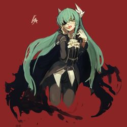 Rule 34 | 1girl, :d, alternate costume, ascot, black jacket, black pants, commentary request, cosplay, cropped legs, fate/grand order, fate (series), gloves, green hair, hand on own face, hand up, horns, jacket, kiyohime (fate), lansane, long hair, long sleeves, mask, open mouth, pants, phantom of the opera (fate), phantom of the opera (fate) (cosplay), red background, signature, simple background, smile, solo, very long hair, white ascot, white gloves