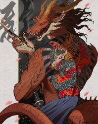 Rule 34 | 1boy, artist name, back, back focus, back tattoo, black background, brown hair, chinese zodiac, claws, commentary, cowboy shot, dragon, dragon boy, dragon horns, dragon tail, dragon tattoo, eastern dragon, eyeshadow, from behind, furry, furry male, hand up, highres, holding, holding smoking pipe, holding sword, holding weapon, horns, jitome, karana cat, katana, kiseru, looking at viewer, looking back, makeup, male focus, medium hair, multiple horns, muscular, muscular male, open mouth, original, profile, red eyes, red eyeshadow, scales, sharp teeth, signature, simple background, smoking pipe, solo, sword, tail, tattoo, teeth, topless male, twitter username, two-tone background, weapon, white background, year of the dragon