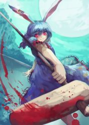 Rule 34 | 1girl, animal ears, berabou, blood, blue dress, blue hair, rabbit ears, dress, earclip, frilled dress, frills, full moon, highres, kine, looking at viewer, mallet, moon, puffy short sleeves, puffy sleeves, red eyes, seiran (touhou), short sleeves, solo, tongue, touhou