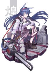 Rule 34 | 1girl, absurdres, animal ears, arknights, black hair, blaze (arknights), blue eyes, cat ears, chainsaw, gloves, highres, long hair, on one knee, partially fingerless gloves, shao (newton), single thighhigh, skirt, tail, thighhighs