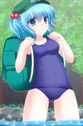 Rule 34 | 1girl, backpack, bad id, bad pixiv id, bag, blue eyes, blue hair, blush, breasts, cabbie hat, collarbone, covered navel, forest, glitter, hair bobbles, hair ornament, hat, highres, kawashiro nitori, looking at viewer, matching hair/eyes, nature, one-piece swimsuit, partially submerged, rock, scenery, school swimsuit, shimotsuki keisuke, short hair, short twintails, skindentation, small breasts, smile, solo, standing, swimsuit, touhou, tree, twintails, two side up, wading, water