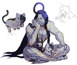 Rule 34 | 1girl, :3, animal, animal on lap, animalization, barefoot, black hair, breasts, cat, cat on lap, cleavage, colored skin, crossed legs, female seth (street fighter), grey skin, hair over one eye, hand on own cheek, hand on own face, hand on own knee, highres, large breasts, muscular, muscular female, on lap, orb, single hair ring, sitting, street fighter, street fighter v, trfd 3, yellow eyes, yin yang, yin yang orb