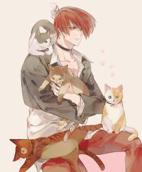 Rule 34 | 1boy, animal, black choker, black vest, cat, choker, closed mouth, grey background, holding, holding animal, korean commentary, long sleeves, male focus, nagsnags2, pants, pectoral cleavage, pectorals, red eyes, red hair, red pants, shirt, short hair, simple background, the king of fighters, vest, white shirt, yagami iori