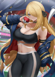 Rule 34 | 1girl, bare shoulders, black pants, black sports bra, blonde hair, blue jacket, breasts, choker, cleavage, collarbone, creatures (company), cyicheng, cynthia (pokemon), game freak, garchomp, gen 4 pokemon, grey eyes, hair ornament, hair over one eye, holding, holding poke ball, jacket, large breasts, long hair, long sleeves, looking at viewer, midriff, nail polish, navel, nintendo, off shoulder, open clothes, open jacket, pants, poke ball, poke ball (basic), pokemon, pokemon dppt, sports bra, very long hair, yoga pants