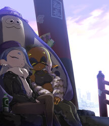 Rule 34 | 1boy, 2girls, absurdres, asymmetrical hair, bare shoulders, beanie, beret, between legs, big man (splatoon), black hat, black jacket, black shirt, blonde hair, blue hair, bottle, breasts, brown leggings, closed eyes, colored eyelashes, commentary request, crop top, crossed legs, dark-skinned female, dark skin, earrings, frye (splatoon), fur jacket, gradient hair, grey jacket, grey pants, hair over one eye, hand between legs, hat, hideyoshi (swliyhbpe9xqqze), highres, inkling, jacket, jewelry, large breasts, leather, leather jacket, leggings, long hair, long pointy ears, manta ray, medium hair, midriff, multicolored hair, multiple earrings, multiple girls, navel, necklace, nintendo, octoling, official alternate costume, one eye covered, open clothes, open jacket, outdoors, pants, parted lips, pink hat, pointy ears, purple hair, purple hat, purple shirt, scarf, shirt, shiver (splatoon), sleeping, sleeping on person, sleeping upright, splatoon (series), splatoon 3, tentacle hair, tooth earrings, track pants, two-tone hair, white scarf