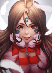 Rule 34 | 1girl, :p, aa megami-sama, ahoge, blurry, brown eyes, brown hair, close-up, depth of field, facial mark, feathers, gloves, long hair, looking at viewer, magion02, nose, portrait, signature, skuld (aa megami-sama), solo, tongue, tongue out, white gloves
