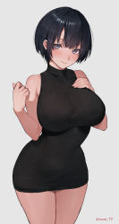 Rule 34 | 1girl, absurdres, black dress, black hair, blue background, blue eyes, blush, breasts, dress, highres, large breasts, looking at viewer, original, paid reward available, short hair, simple background, sleeveless, sleeveless dress, smile, solo, sooon