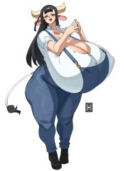 Rule 34 | 1girl, absurdres, animal ears, black hair, blue overalls, blush, breasts, brown eyes, cleavage, cow ears, cow girl, cow horns, cow tail, denim, female focus, full body, gigantic breasts, highres, horns, long hair, looking at viewer, open mouth, overalls, own hands together, shirt, smile, solo, standing, tail, thehelmet guy, thick thighs, thighs, white shirt, wide hips