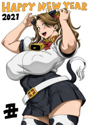 Rule 34 | 1girl, 2021, animal ear headwear, animal ears, animal print, arms up, breasts, brown eyes, brown hair, chinese zodiac, cow ears, cow horns, cow print, cow tail, dated, fake animal ears, fake horns, fake tail, gundam, gundam build fighters, gundam build fighters try, hair ornament, happy new year, high-waist skirt, highres, horns, jun (rojiura jack), large breasts, neck bell, new year, nipples, open mouth, rojiura jack, sazaki kaoruko, simple background, skirt, smile, solo, tail, thick thighs, thighhighs, thighs, twintails, white background, year of the ox