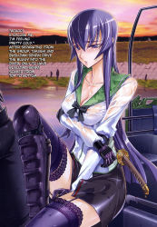 Rule 34 | 1girl, armor, between legs, blue eyes, blue hair, blush, bow, bowtie, bra, breast hold, breasts, busujima saeko, car, car interior, cleavage, cloud, crossed arms, elbow pads, embarrassed, english text, from side, garter straps, gloves, grass, hand between legs, hard-translated, highres, highschool of the dead, knee pads, knee up, lace, lace-trimmed bra, lace-trimmed legwear, lace trim, long hair, long sleeves, miniskirt, motor vehicle, non-web source, nose blush, official art, outdoors, parted lips, pencil skirt, ribbon, satou shouji, scan, school uniform, see-through, serafuku, sheath, sheathed, shin guards, shirt, silhouette, sitting, skirt, sky, solo focus, sunset, sword, thighhighs, third-party edit, underwear, vehicle, very long hair, water, weapon, wet, wet clothes, zettai ryouiki