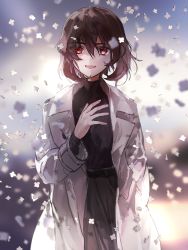 Rule 34 | 1girl, absurdres, black dress, brown hair, coat, dress, flower, hair between eyes, hand on own chest, hand up, highres, open mouth, original, petals, red eyes, short hair, smile, solo, wata (attaka towel), white coat, white flower