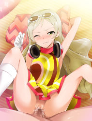 Rule 34 | 10s, 1girl, arm up, armpits, blush, boots, censored, clothed sex, cum, cum in pussy, dress, eyewear on head, gloves, green eyes, handa roco, headphones, headphones around neck, hetero, highres, idolmaster, idolmaster million live!, kaiga, legs up, long hair, long legs, looking at viewer, lying, mosaic censoring, no panties, on back, one eye closed, penis, petite, pov, pussy, sex, solo focus, spread legs, sunglasses, sweat, tears, vaginal, white gloves, wince, wink, yellow eyes