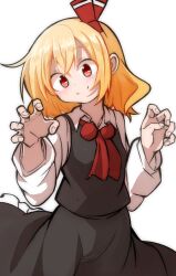 Rule 34 | 1girl, ascot, black skirt, black vest, blonde hair, blush, closed mouth, collared shirt, hair between eyes, hair ribbon, long sleeves, red ascot, red eyes, red ribbon, ribbon, rumia, shinmon akika, shirt, short hair, simple background, skirt, smile, solo, touhou, vest, white background, white shirt