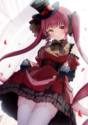 Rule 34 | 1girl, black gloves, black hat, black ribbon, blunt bangs, blush, breasts, cleavage, closed mouth, cowboy shot, cup, detached sleeves, dress, flower, frilled dress, frills, garter straps, gloves, hair ribbon, hat, hat flower, heterochromia, highres, hololive, houshou marine, houshou marine (gothic lolita), large breasts, long hair, looking at viewer, petals, red dress, red eyes, red hair, red sleeves, ribbon, see-through, see-through cleavage, segawa luna, skirt hold, solo, standing, thighhighs, top hat, twintails, very long hair, virtual youtuber, white thighhighs, yellow eyes