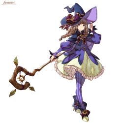 Rule 34 | 1girl, ankle boots, blue eyes, boots, bow, braid, closed mouth, dress, full body, green skirt, hand up, hat, hat bow, high heel boots, high heels, highres, holding, holding staff, juliet sleeves, kotatsu (g-rough), long-haired witch twin (kotatsu (g-rough)), long hair, long sleeves, looking at viewer, mole, mole under eye, original, pantyhose, puffy sleeves, purple dress, purple hat, purple pantyhose, red bow, signature, simple background, skirt, solo, staff, standing, striped clothes, striped pantyhose, twin braids, vertical-striped clothes, vertical-striped pantyhose, white background, witch hat