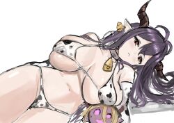 1girl absurdres animal_print antenna_hair bell bikini black_hair breasts cow_earrings cow_print cow_print_bikini cow_print_gloves cowbell danua doll draph ear_tag gloves granblue_fantasy gretel_(granblue_fantasy) highres horns large_breasts long_hair looking_at_viewer micro_bikini namakutaroo navel neck_bell parted_lips pointy_ears print_bikini print_gloves red_eyes swimsuit white_background