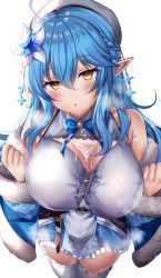 Rule 34 | 1girl, ahoge, bare shoulders, beret, blue hair, blue jacket, blush, breasts, bust cup, cleavage, commentary request, elf, flower, hair flower, hair ornament, half updo, hat, heart, heart in eye, highres, hololive, jacket, large breasts, looking at viewer, off shoulder, pointy ears, shiki (catbox230123), simple background, solo, sweat, symbol in eye, thighhighs, virtual youtuber, white background, white hat, white thighhighs, yellow eyes, yukihana lamy
